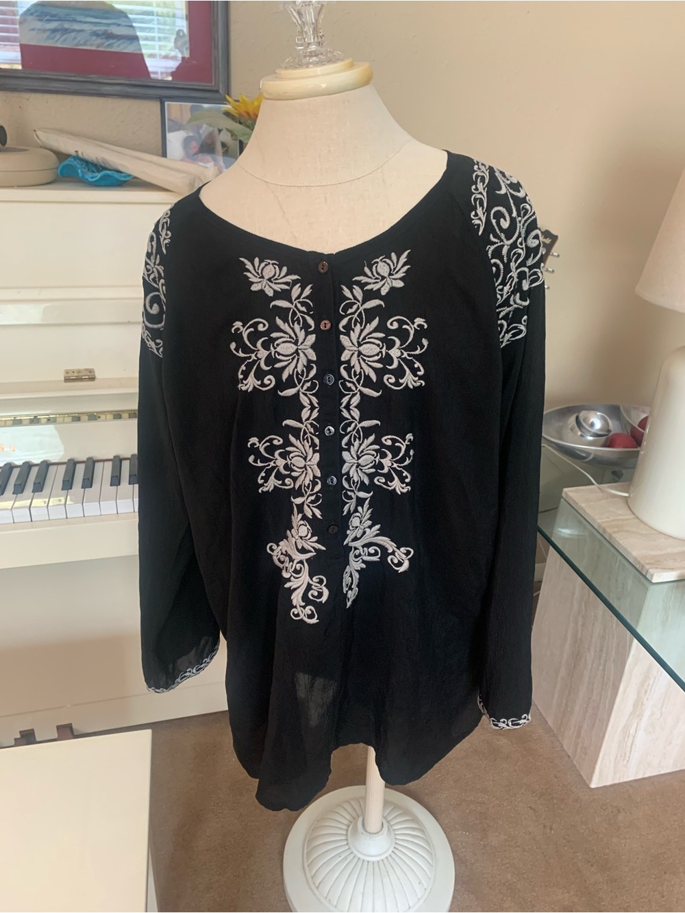 Johnny Was Black Tunic with White Floral Embroidery